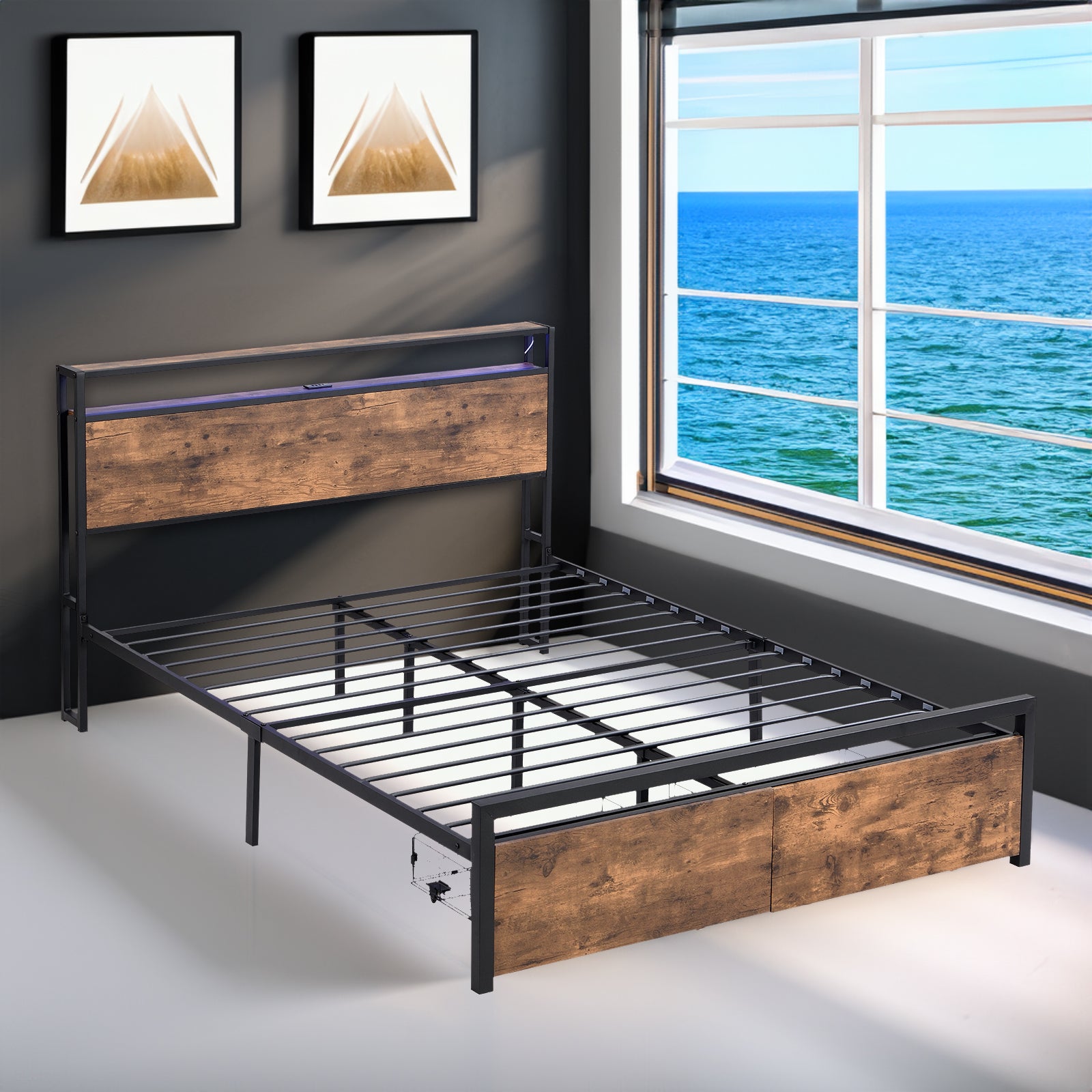 Full-size bed frame with LED headboard, drawers, and charging ports