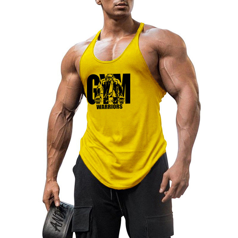 GYM WARRIORS cotton fitness vest, featuring a deep digging design and thin shoulder straps. This lightweight, breathable shirt is perfect for intense workouts, providing comfort and flexibility while showcasing a sporty, stylish look