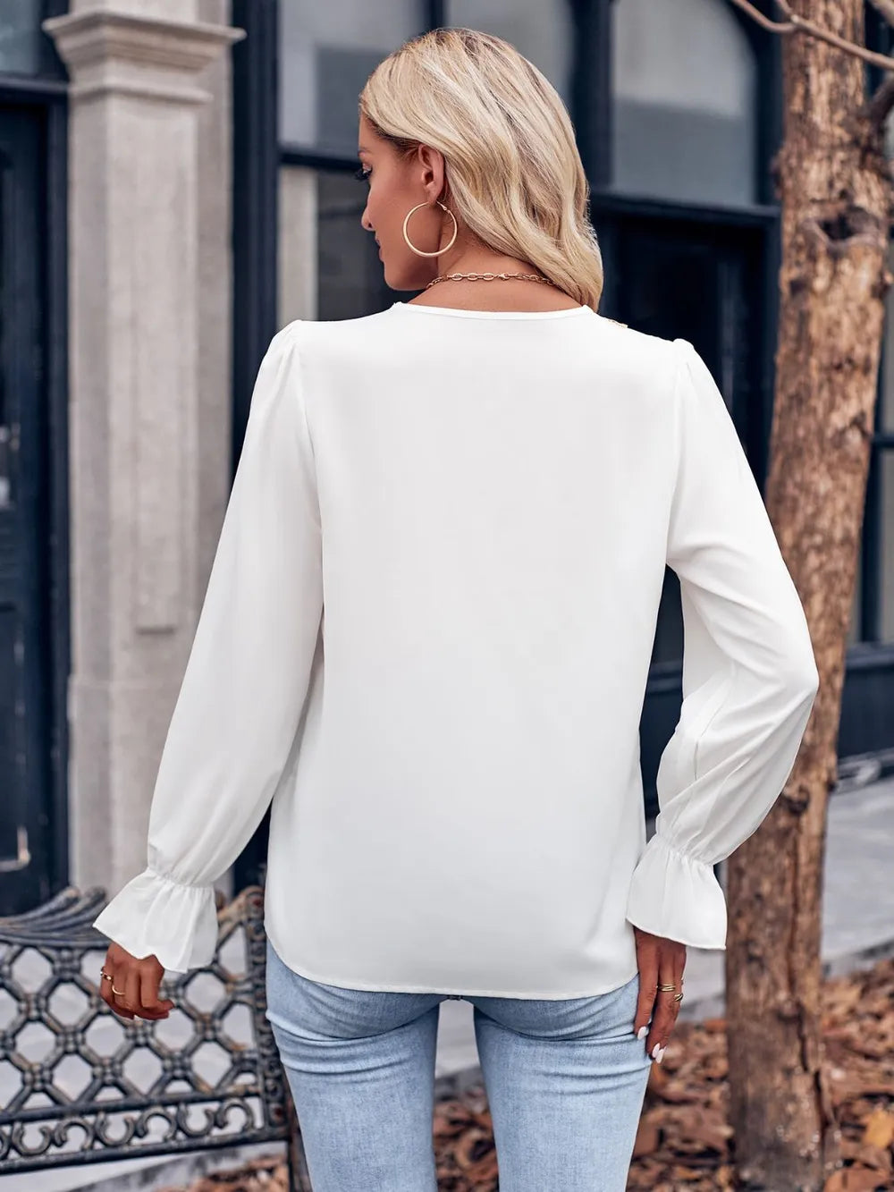 Ruffled V-Neck Blouse with Flounce Sleeves – Women's Elegant Top

