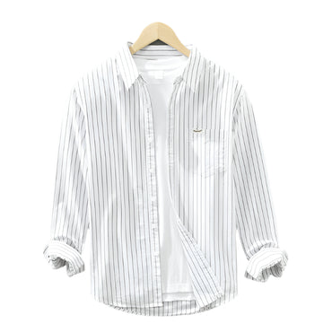 Men's Cotton Casual Striped Oxford Long-sleeved Shirt, breathable cotton, modern striped design, button-down collar, versatile and stylish.