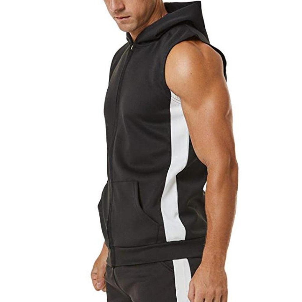 "Men’s zipper splicing sports hooded vest featuring a stylish, color-block design. Made from breathable, moisture-wicking fabric, the vest includes a front zipper closure, adjustable hood, and a fitted cut, ideal for workouts or casual athleisure wear."