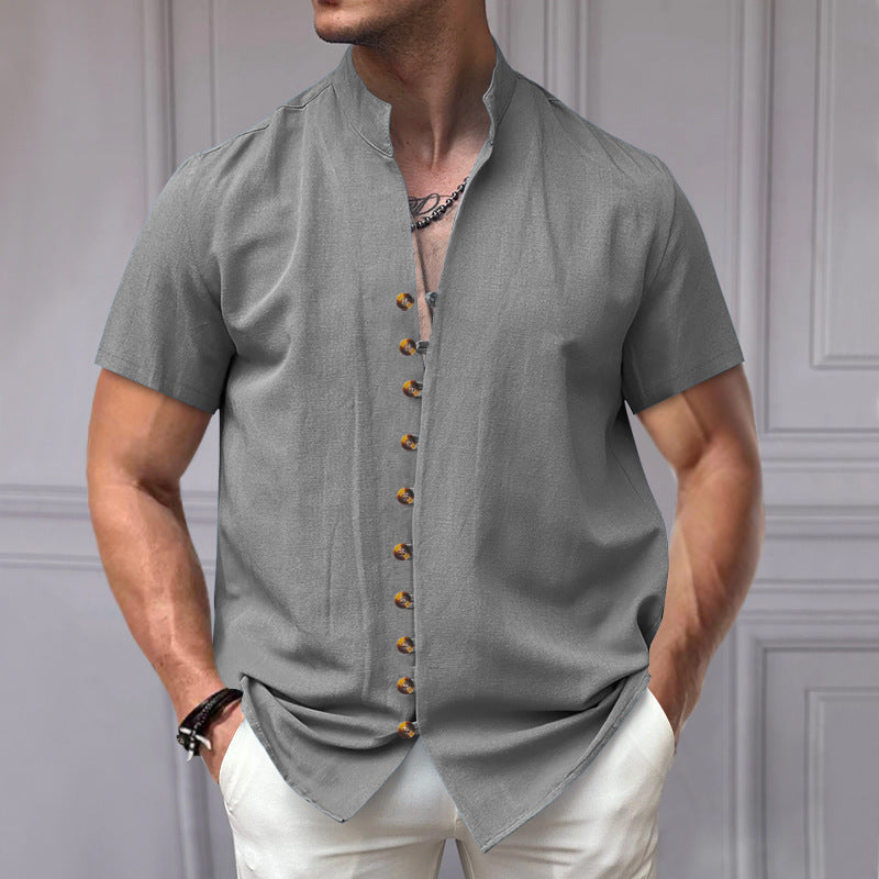 Linen Button Stand Collar Short Sleeve Shirt – Lightweight, breathable linen shirt with a stand collar and button-down front, ideal for summer wear.