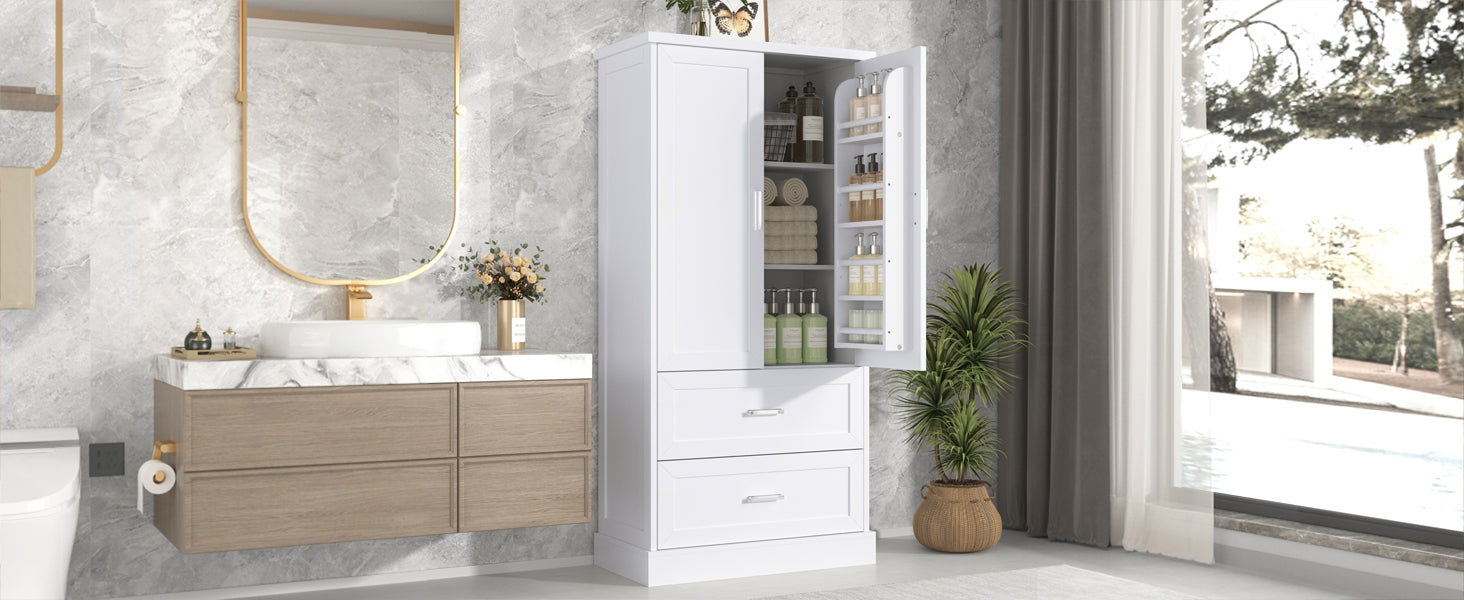 Tall white bathroom cabinet with drawers and double doors