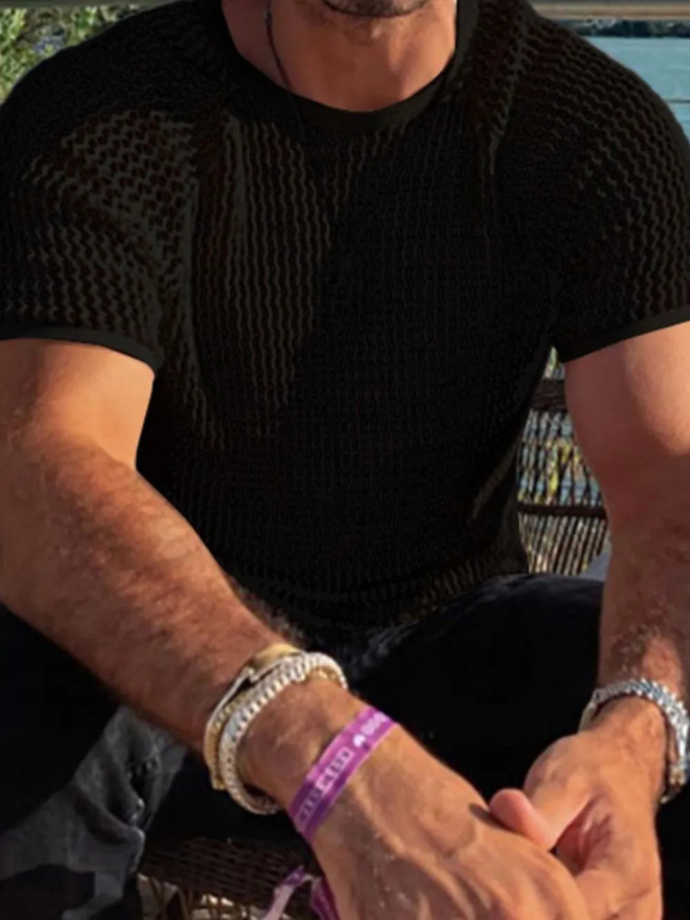 Men's openwork short sleeve t-shirt with round neck, front view

