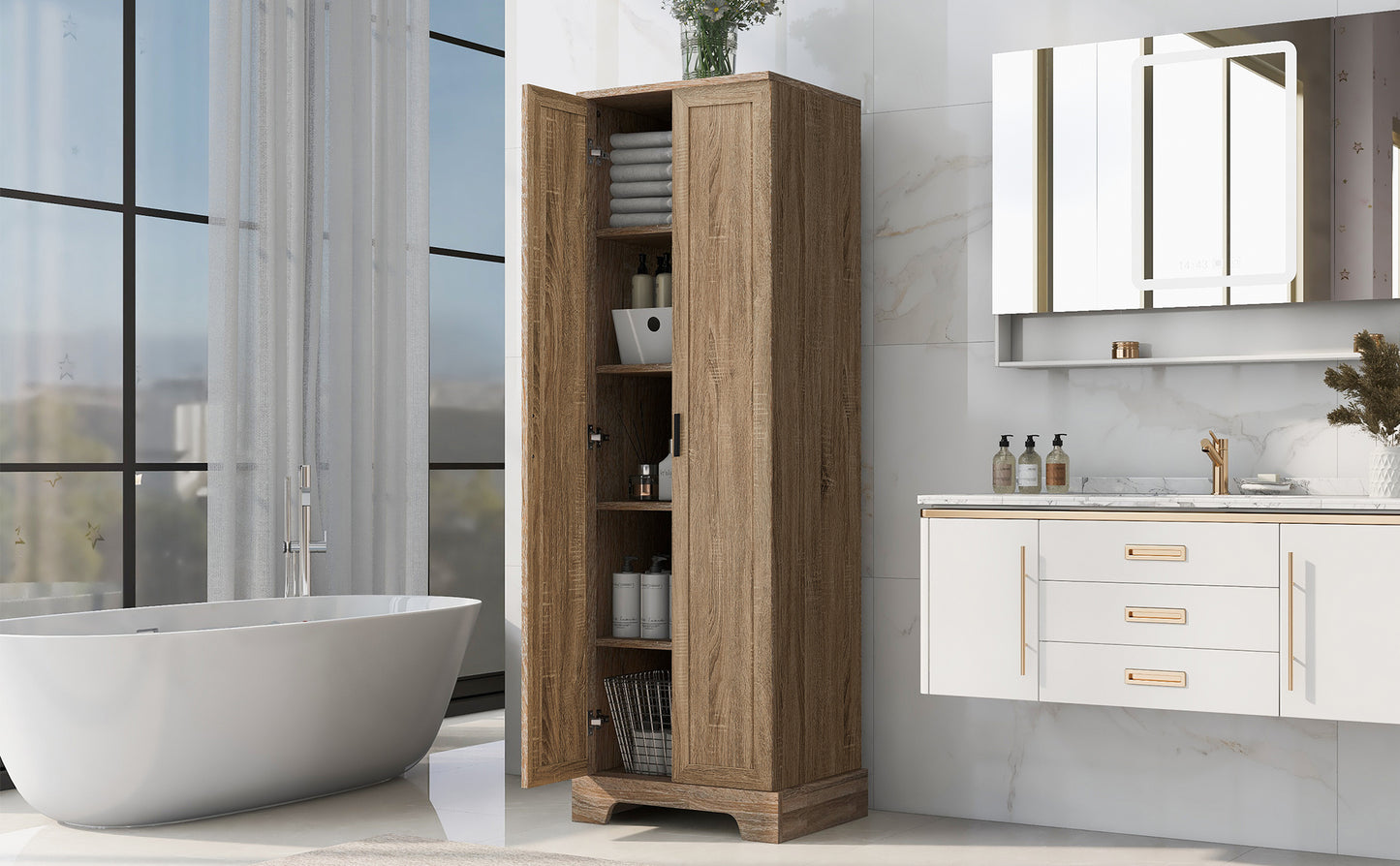 Brown MDF storage cabinet with adjustable shelf and two doors