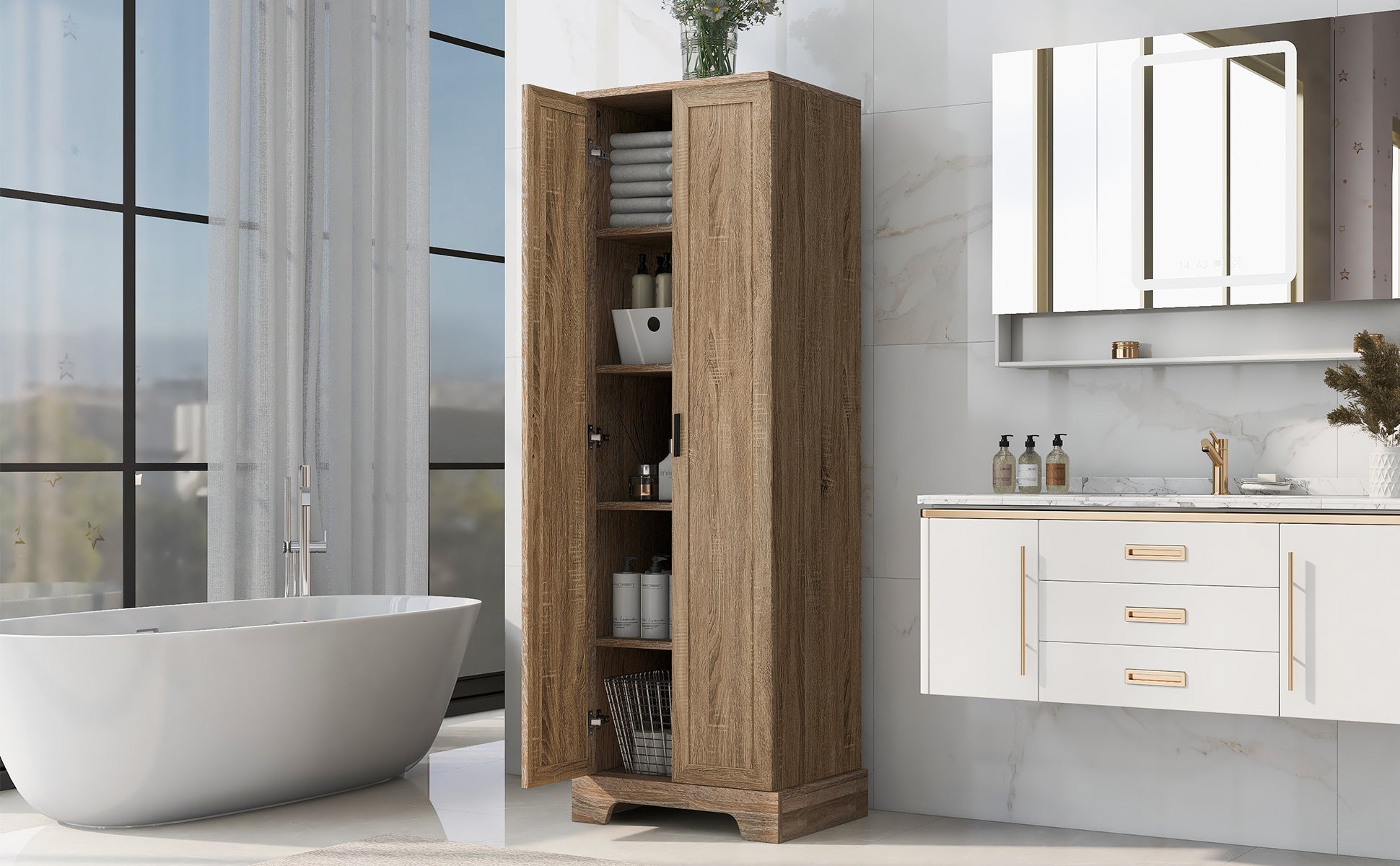 Brown MDF storage cabinet with adjustable shelf and two doors