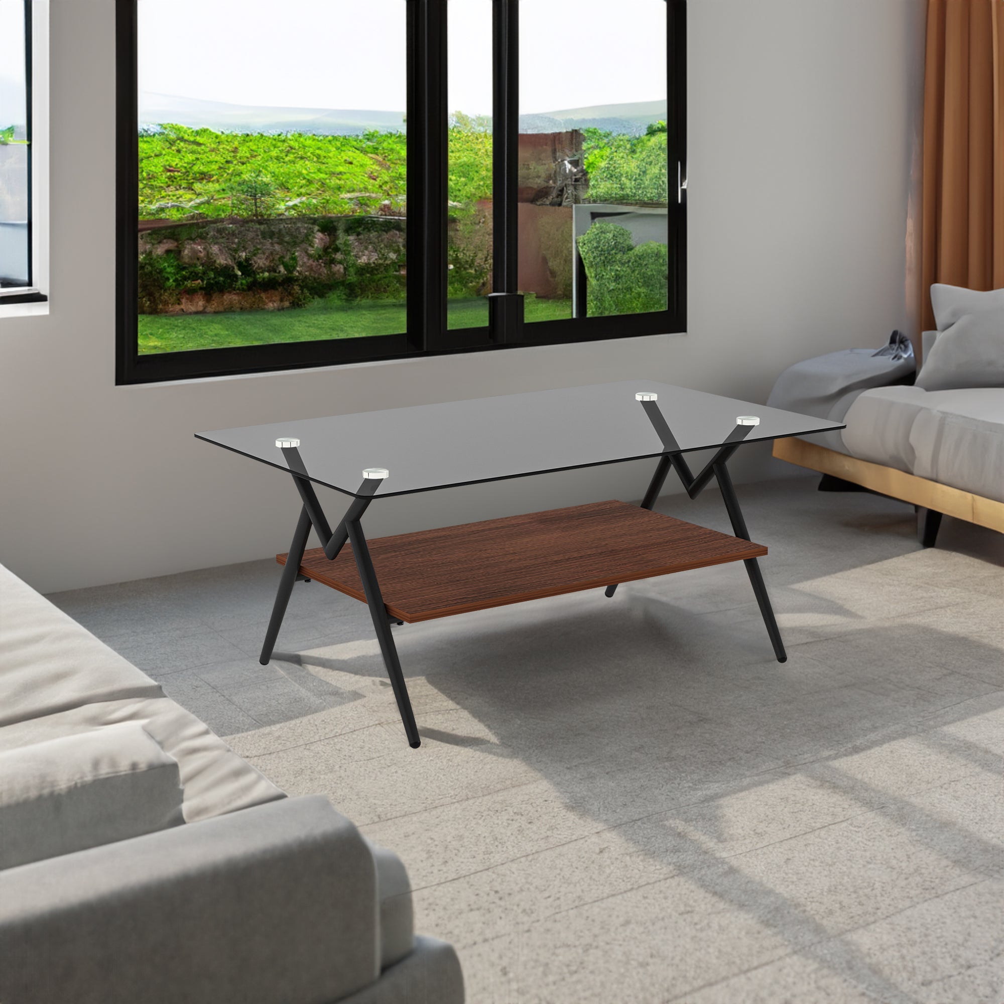 Rectangular coffee table with gray glass top and brown MDF shelf