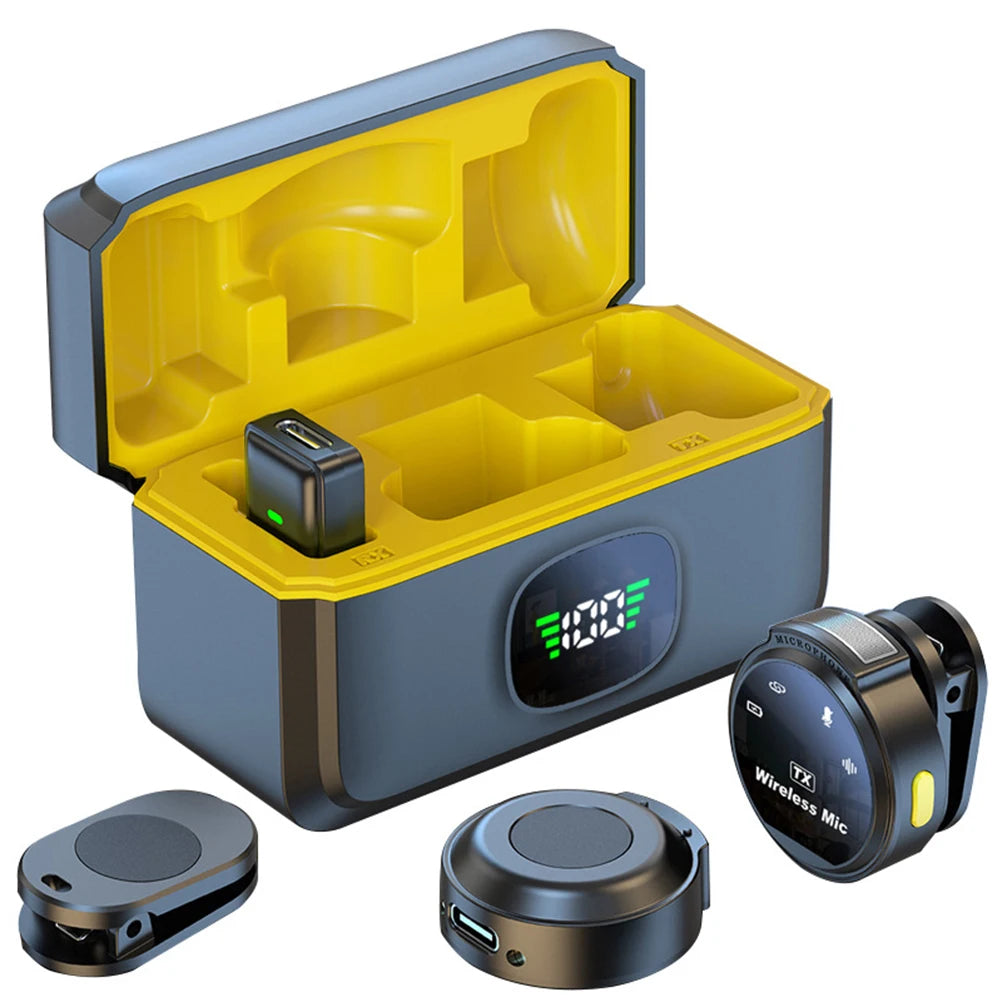 Dual wireless lapel microphone kit with USB-C and Lightning adapters
