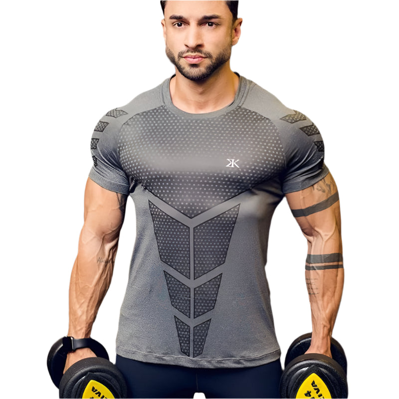 Man wearing a tight-fit short sleeve compression T-shirt in quick-dry fabric for running and sports training.

