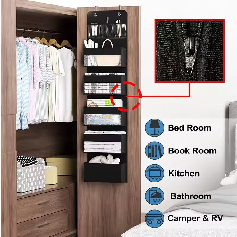 5-pocket hanging organizer on the back of a white bedroom door

