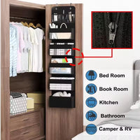 5-pocket hanging organizer on the back of a white bedroom door

