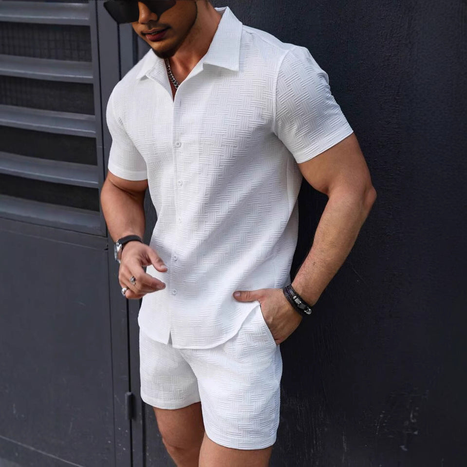 Leisure Breathable Beach Two-Piece Set – Vintage textured solid shirt and shorts, offering a comfortable and breathable summer look for men.








