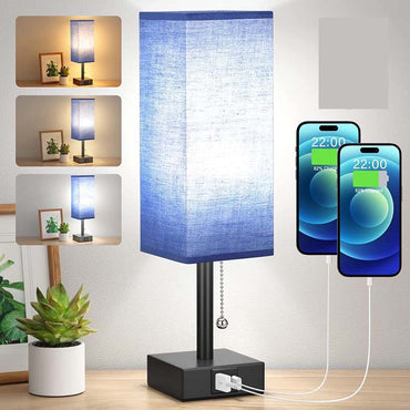 Modern square linen desk lamp with USB charging ports and 3-color dimmable lighting on a minimalist nightstand

