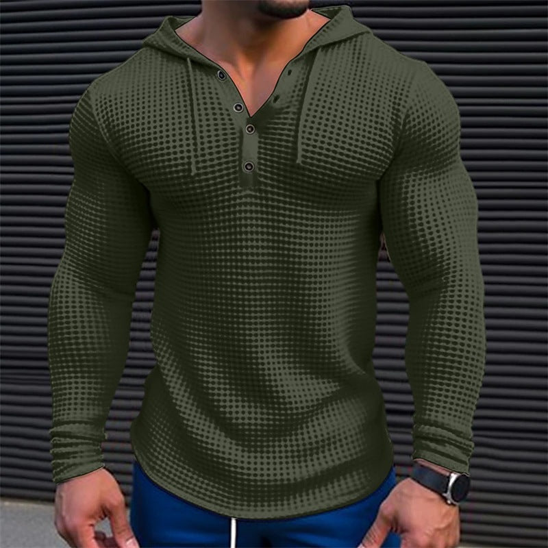 Men’s casual waffle knit long sleeve pullover, slim fit solid color T-shirt for streetwear and layering.