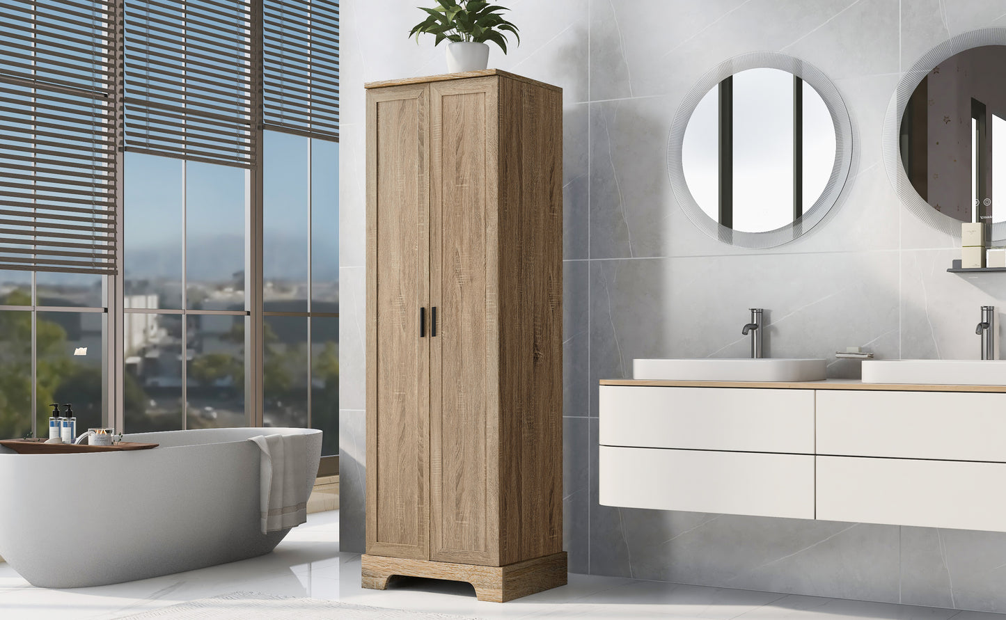Brown MDF storage cabinet with adjustable shelf and two doors