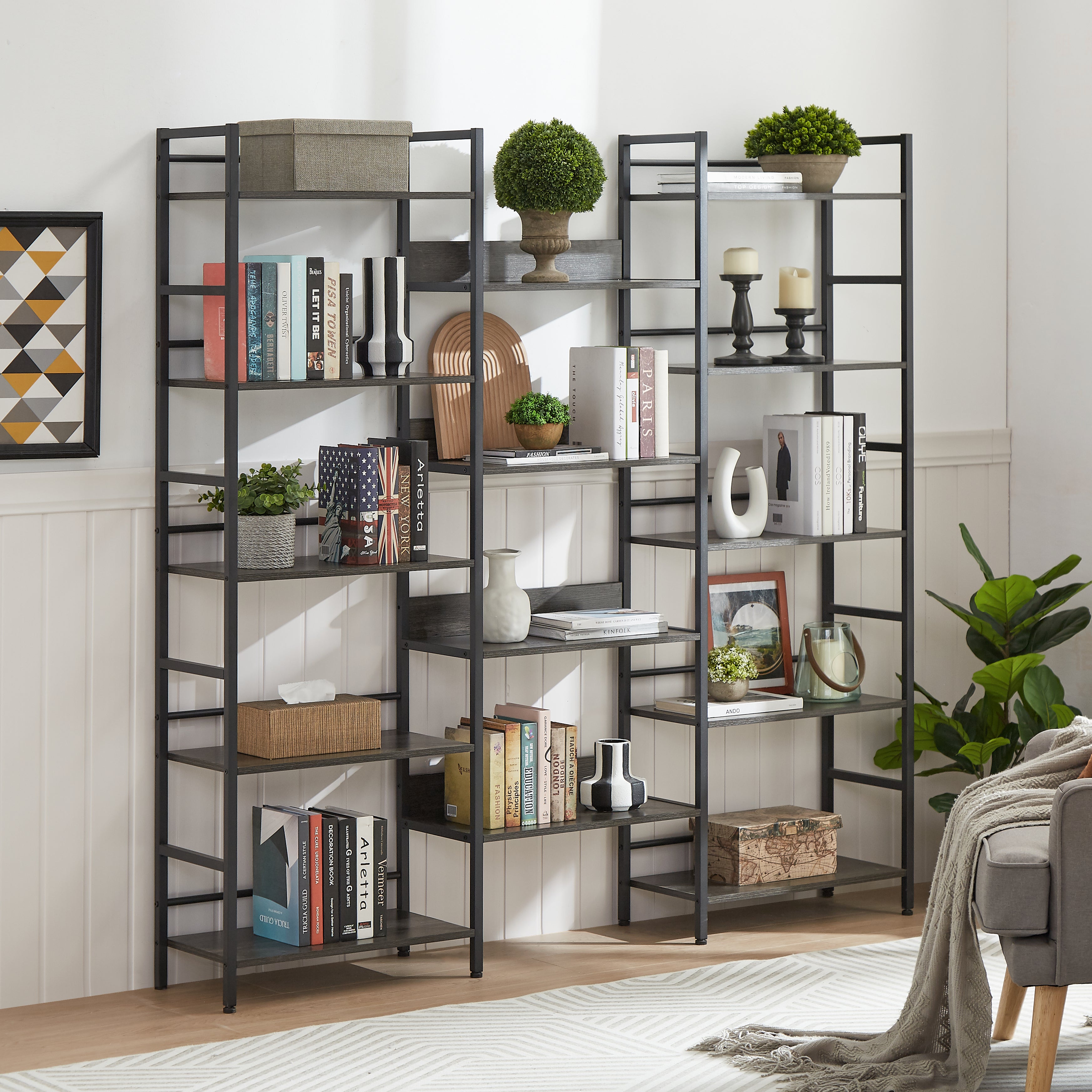 Triple wide 5-shelf bookshelf offering ample storage space with a sturdy design. Features five spacious shelves for organizing books, decor, and more, perfect for living rooms, offices, or libraries. Stylish and functional for both modern and traditional interiors.