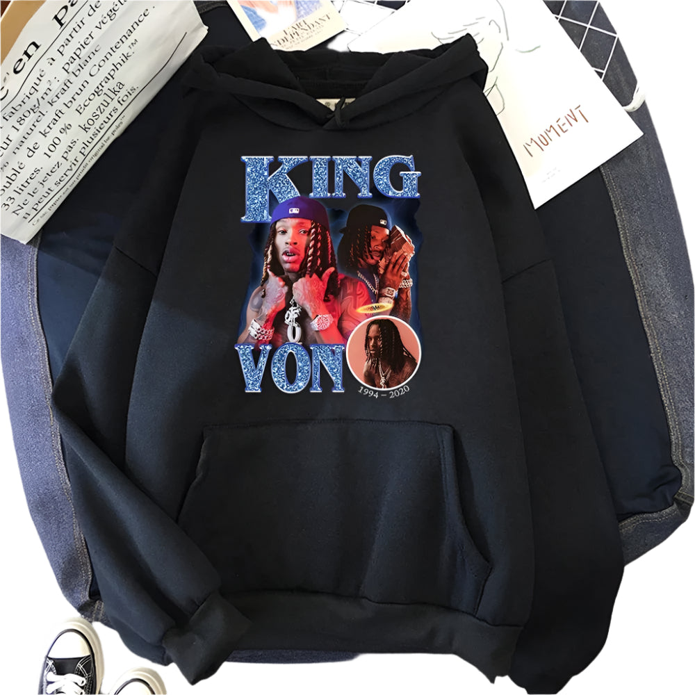 Unisex cotton King Von hoodie with graphic print – streetwear sweatshirt for men and women.

