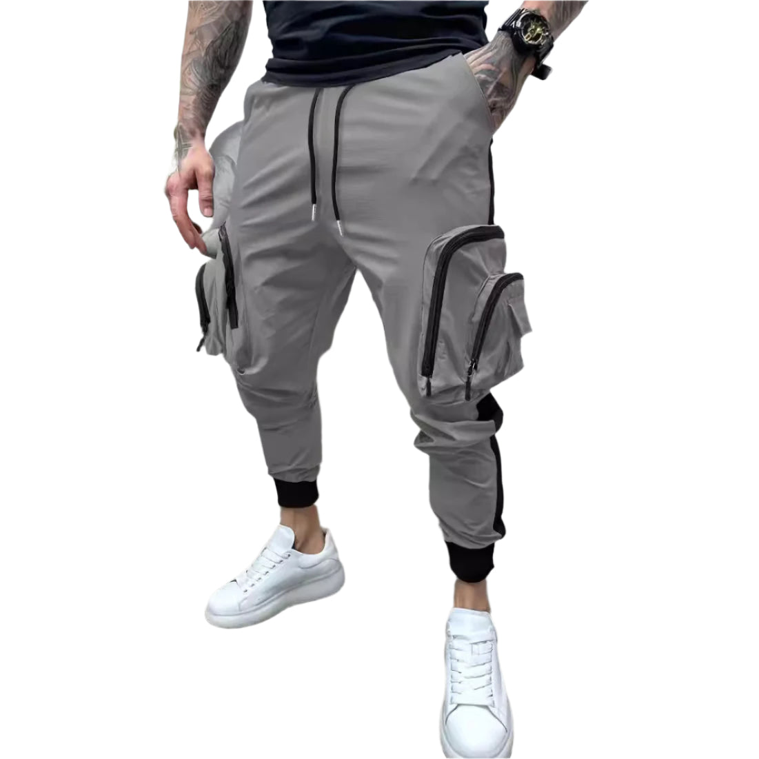 Casual tapered overalls with a zipper closure, color-blocked design, and multiple pockets for a stylish and functional look.