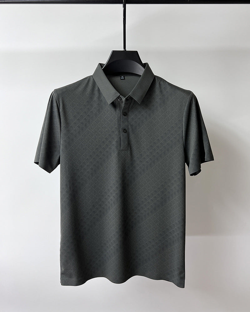 High-end Elegant Ice Silk Short Sleeve Polo Shirt, men's lapel design, plaid pattern, summer comfort.