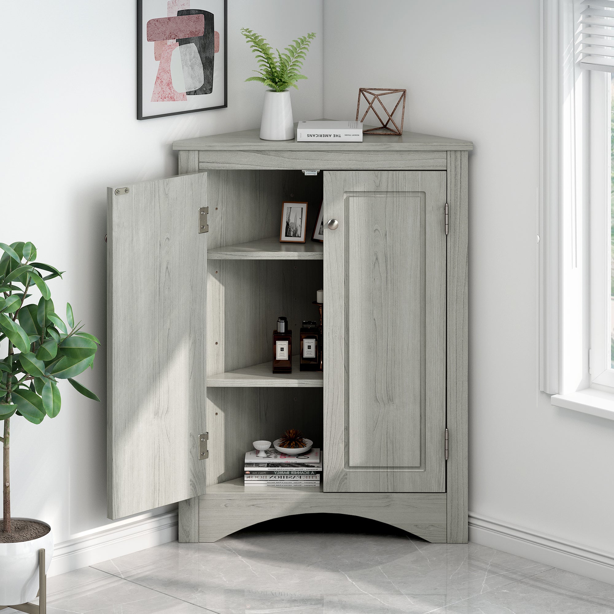 Oak triangle bathroom storage cabinet with a stylish, space-saving design, featuring multiple shelves for organizing toiletries, towels, and other bathroom essentials. Crafted from durable oak wood, this elegant cabinet adds both functionality and natural charm to any bathroom