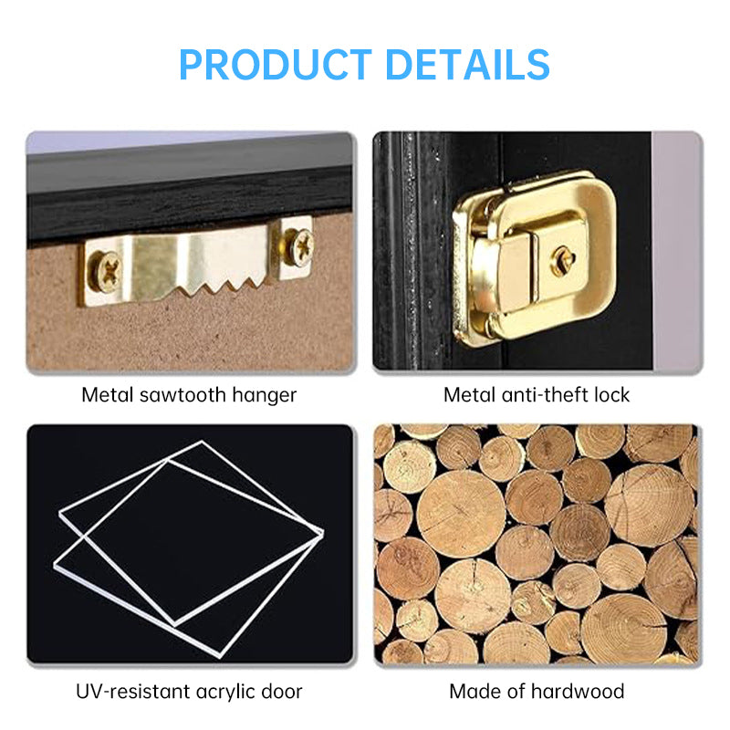 Wood-framed sports card display case mounted on wall