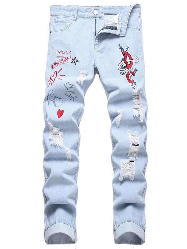 Men's distressed motorcycle jeans showing slim-fit cut and zipper accents