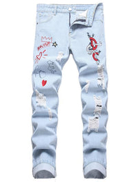 Men's distressed motorcycle jeans showing slim-fit cut and zipper accents