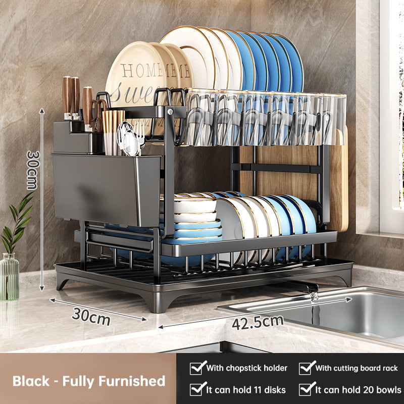 2-Tier Large Capacity Dish Drying Rack, Rustproof Carbon Steel Kitchen Sink Drainer with Cutting Board & Utensil Holder Hot Deal Warehouse