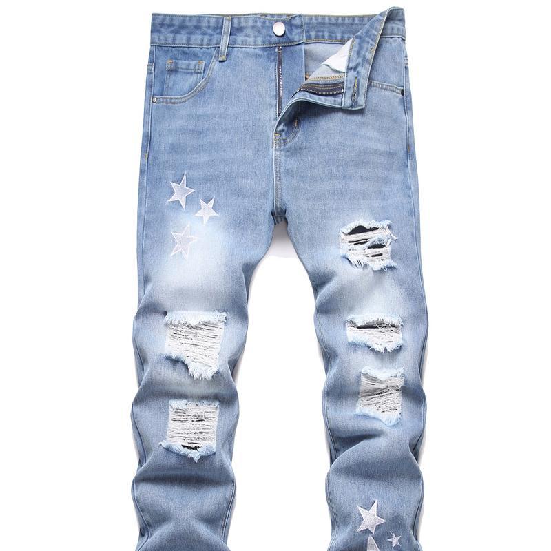 Men's ripped slim-fit jeans with moto-inspired zipper hardware and denim finish