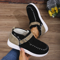 Warm flat bottom cotton shoes with burr closure for comfort and insulation during colder weather.








