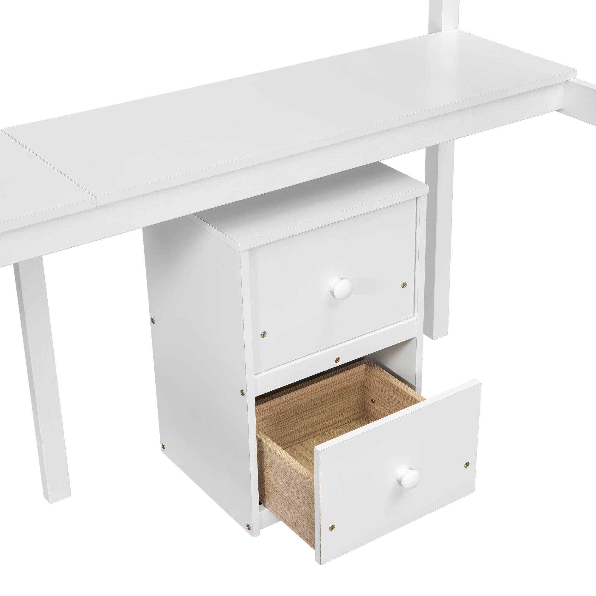 Full view of white twin loft bed with built-in desk and drawers underneath

