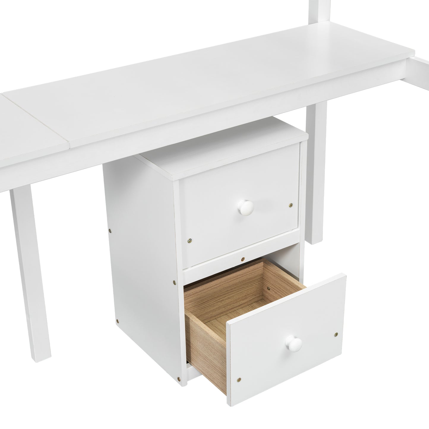 Full view of white twin loft bed with built-in desk and drawers underneath

