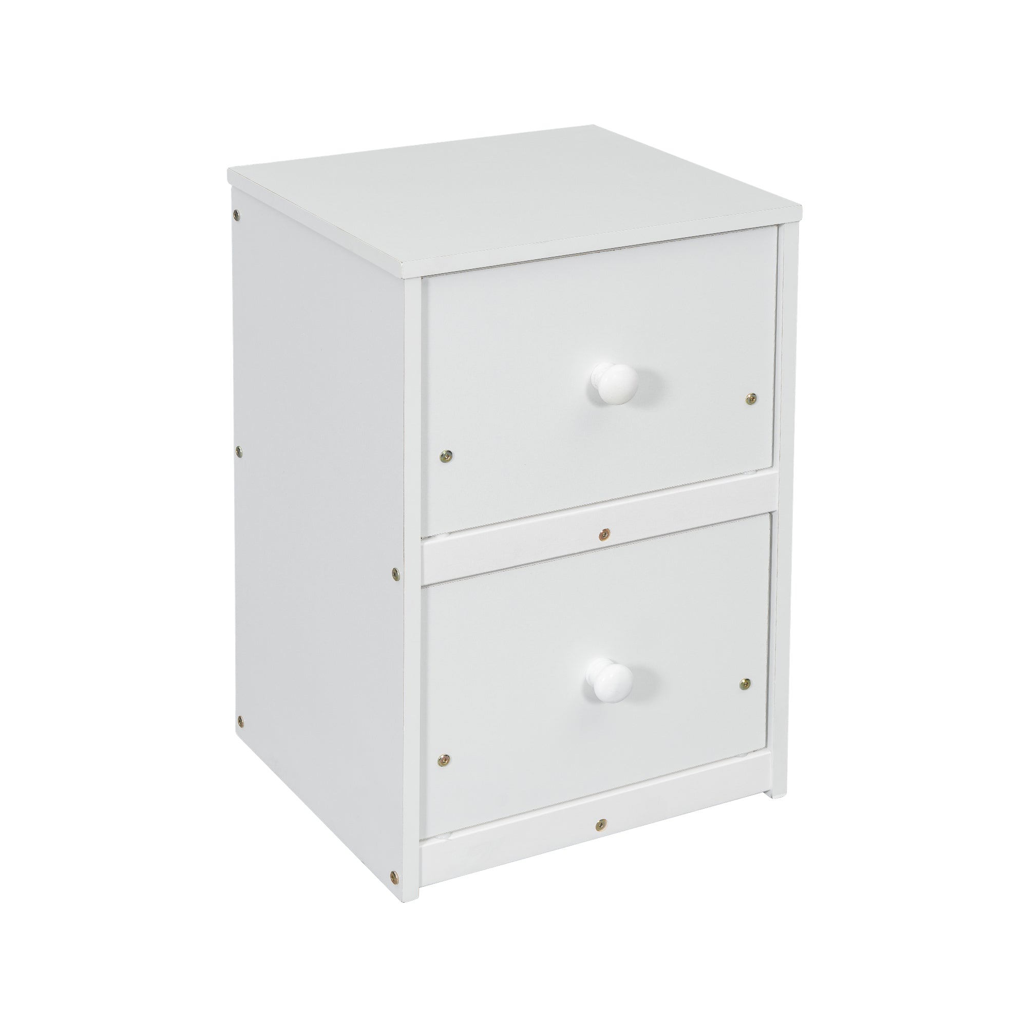 Full view of white twin loft bed with built-in desk and drawers underneath

