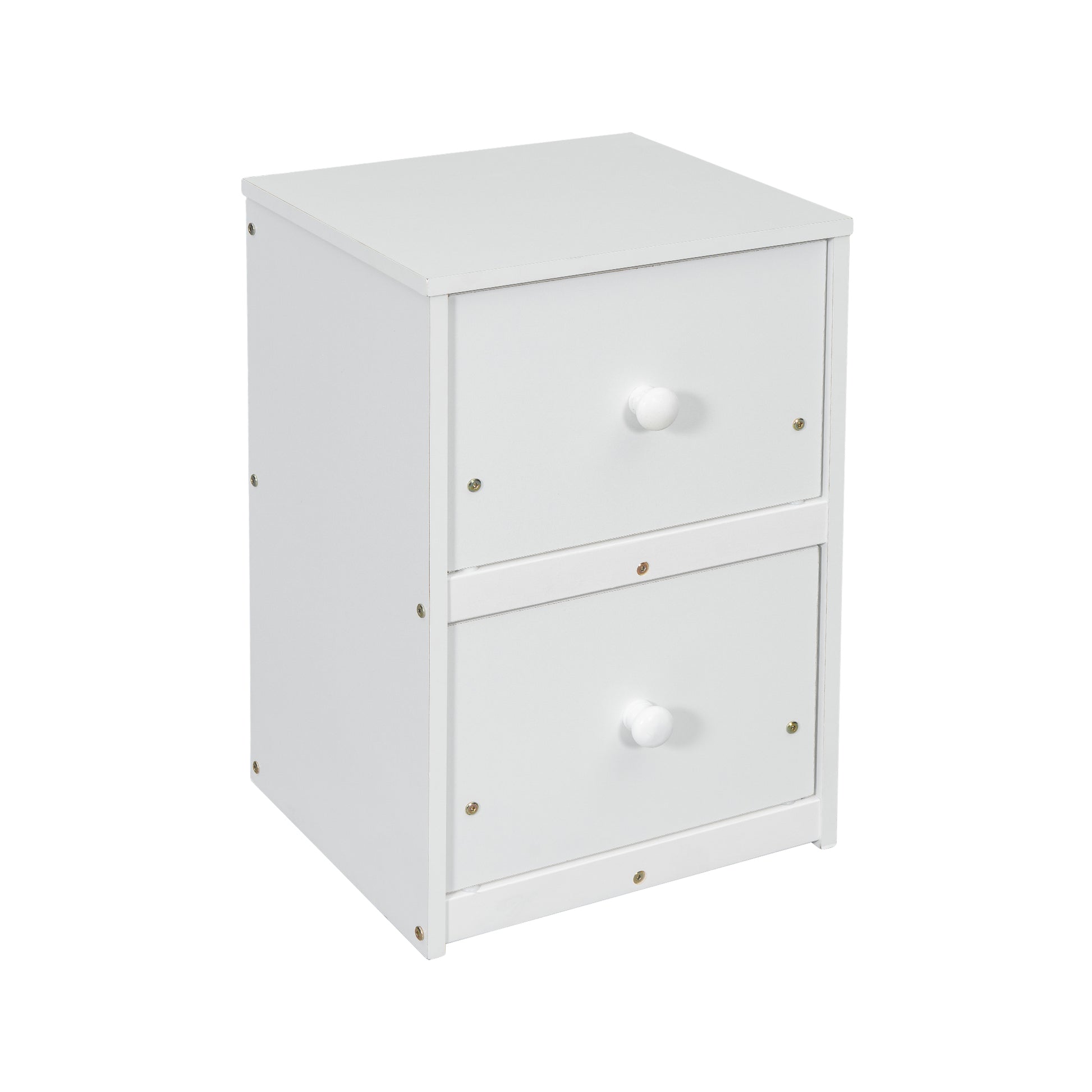 Full view of white twin loft bed with built-in desk and drawers underneath


