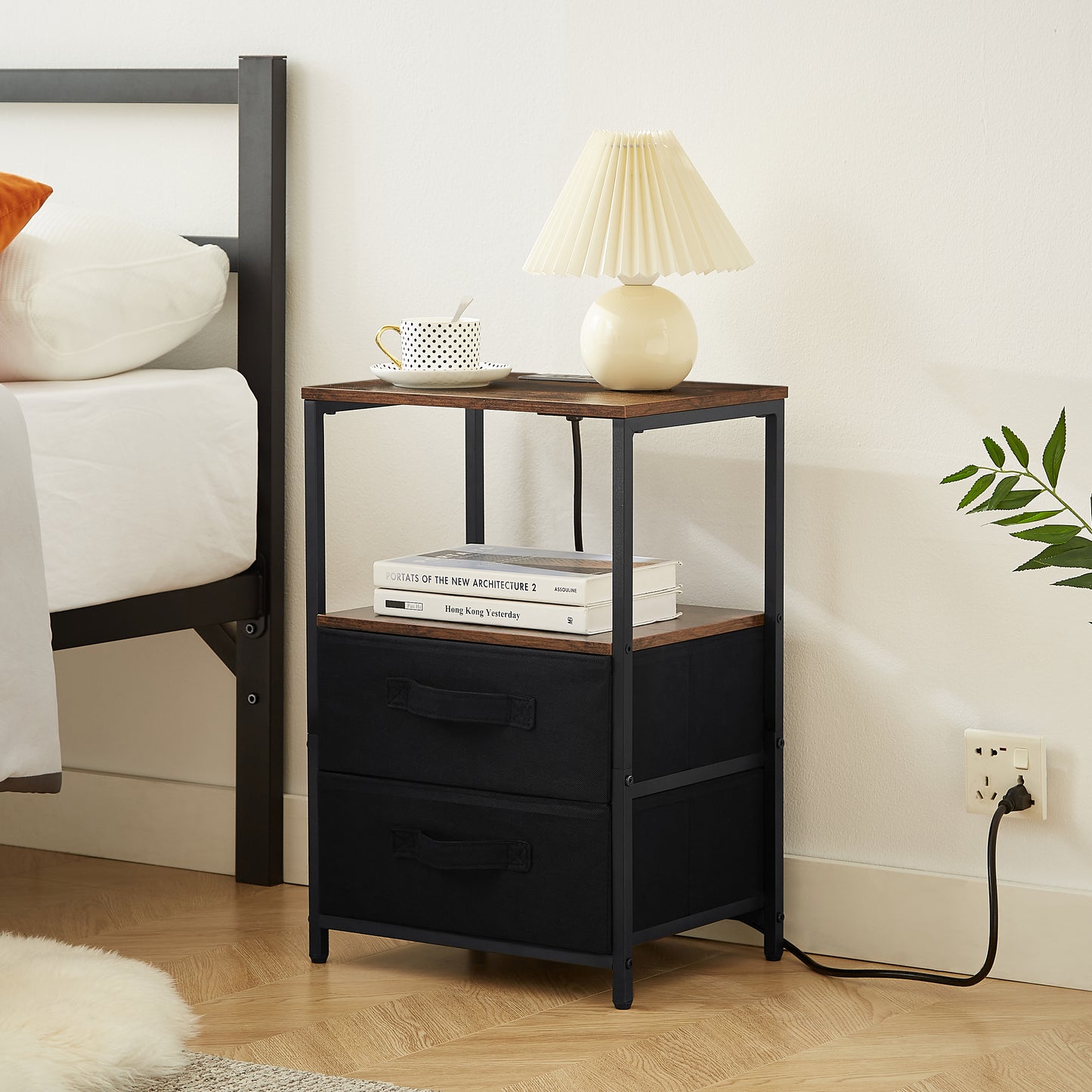 Modern tea table with USB port, outlet, and two drawers, front view

