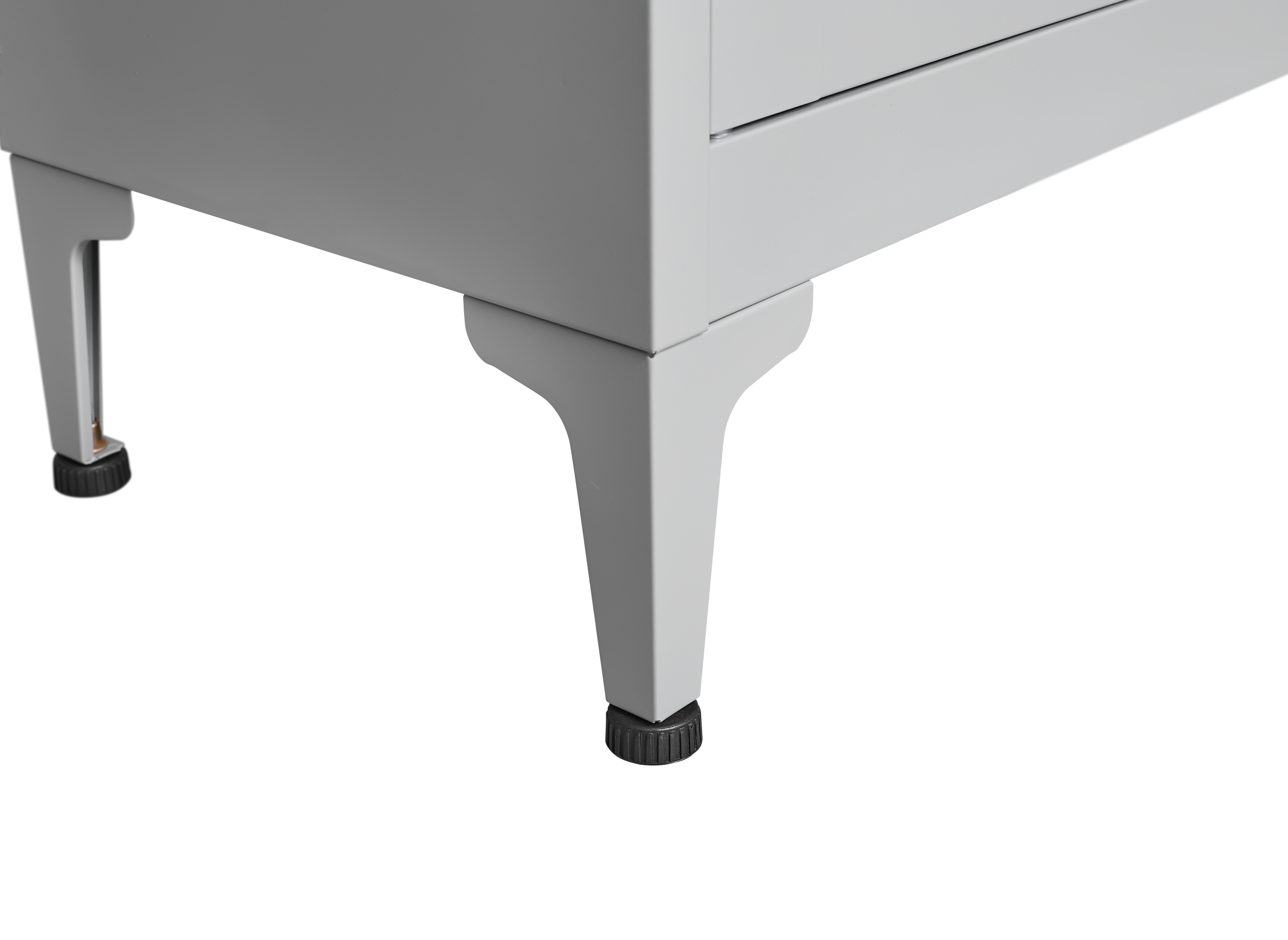 Grey metal kitchen storage cabinet with door and adjustable shelf in a modern kitchen