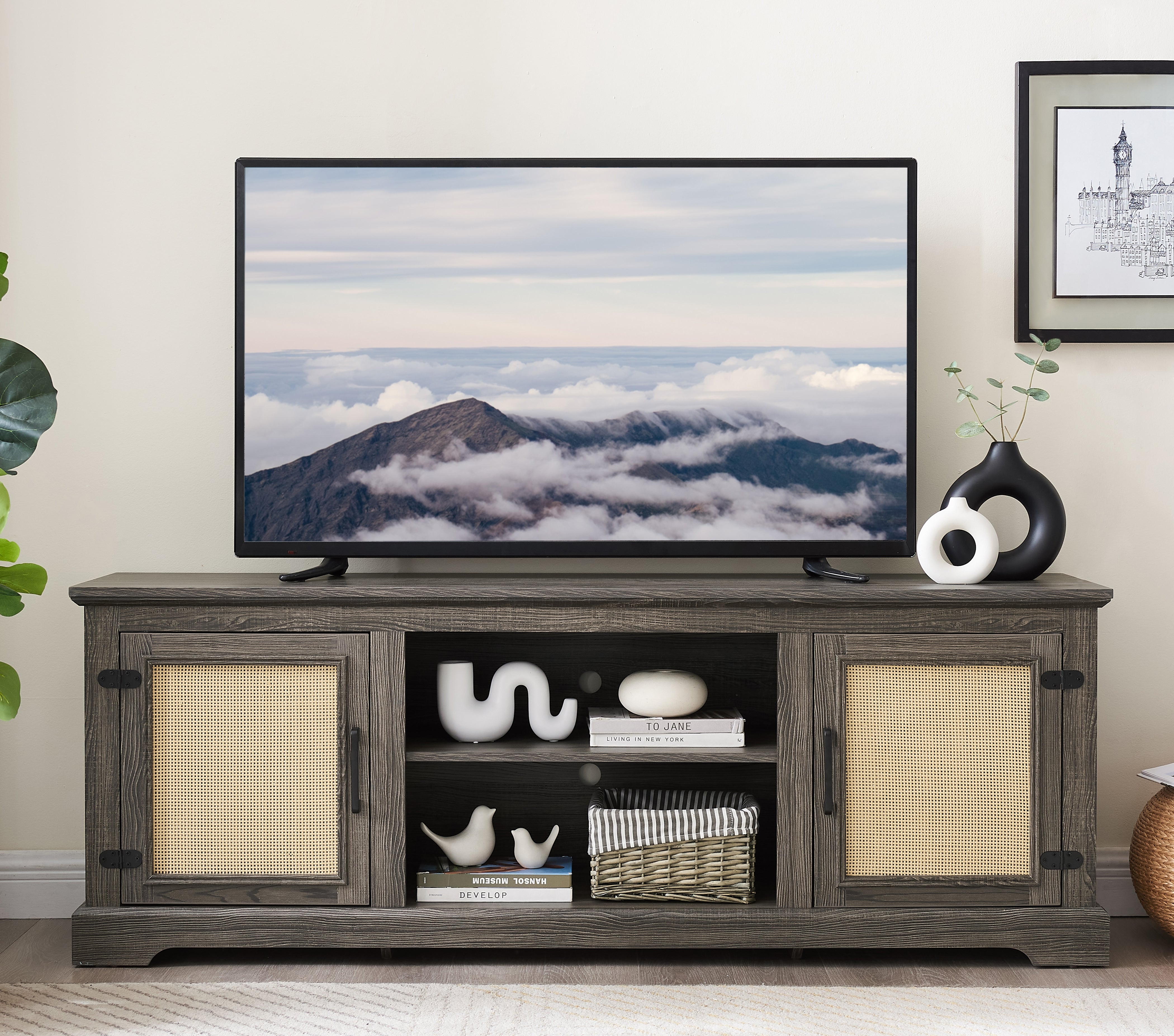 Gray TV stand with rattan doors and shelves for storage