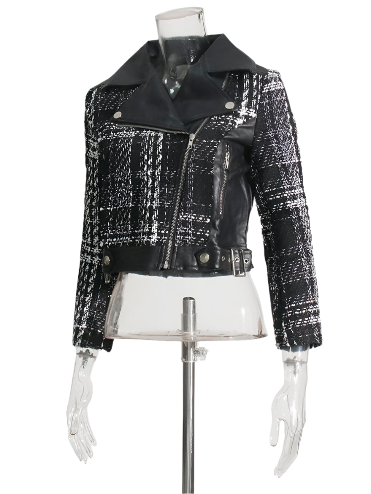 Colorblock women's coat with leather and tweed patchwork, lapel collar, long sleeves, and front zipper.


