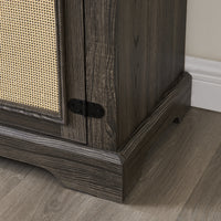 Gray TV stand with rattan doors and shelves for storage