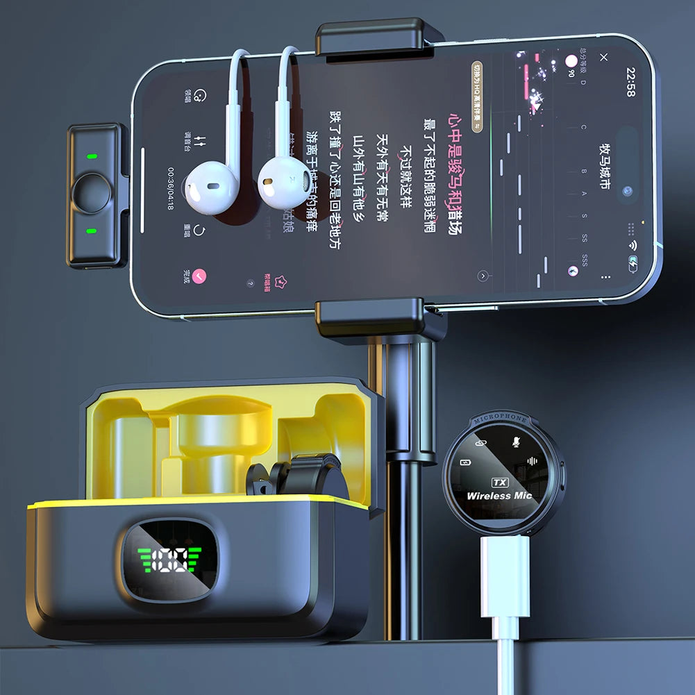 Dual wireless lapel microphone kit with USB-C and Lightning adapters