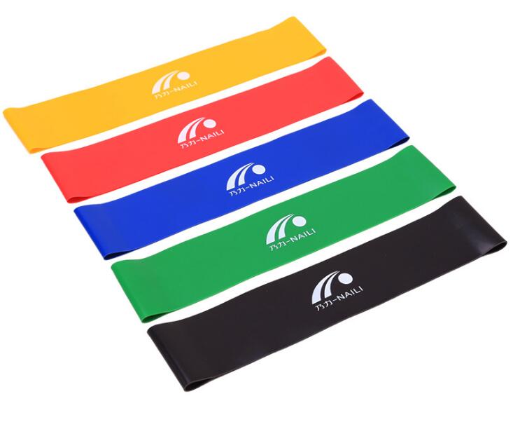 Set of latex resistance bands in various strengths, designed for strength training, flexibility, and rehabilitation exercises, made from durable, high-quality material.