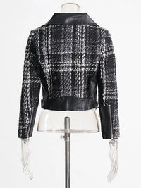 Colorblock women's coat with leather and tweed patchwork, lapel collar, long sleeves, and front zipper.

