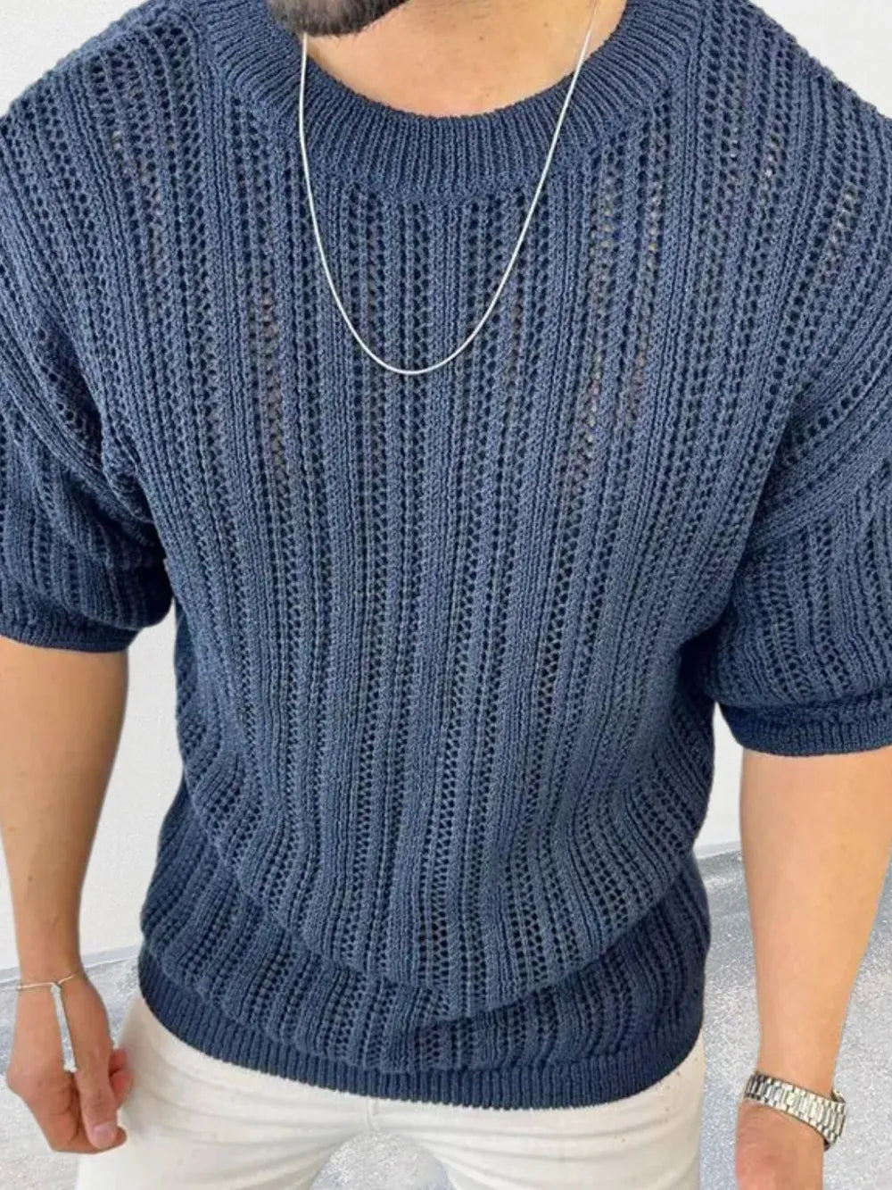 Men's openwork knit t-shirt with round neckline, front view

