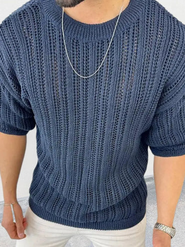Men's openwork knit t-shirt with round neckline, front view

