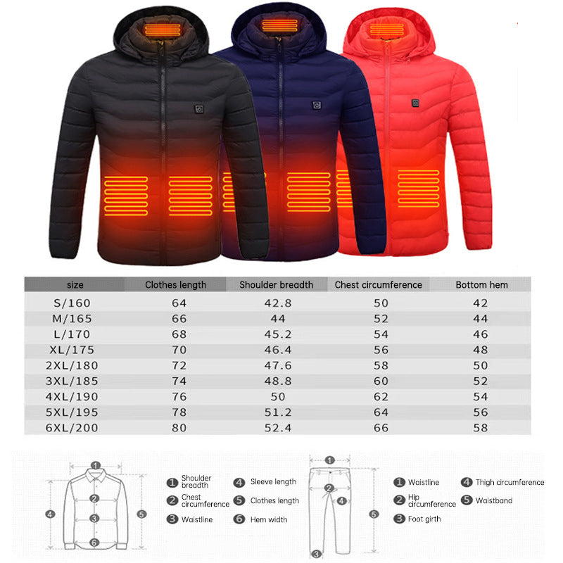 Men's and women's USB heated jacket with hoodie, front view

