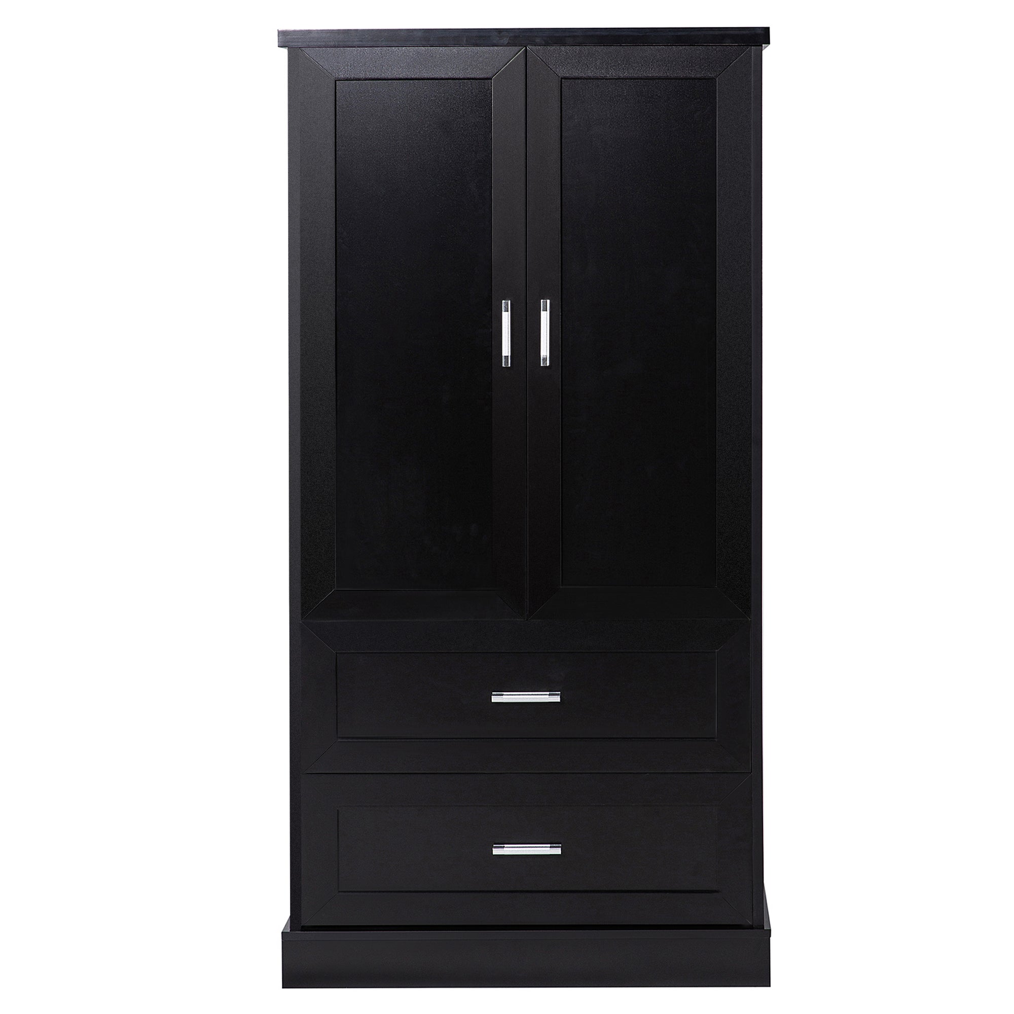Tall black bathroom storage cabinet with doors and drawers