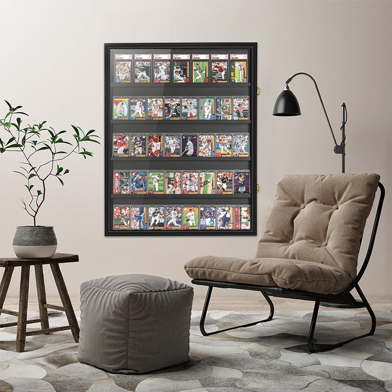Wood-framed sports card display case mounted on wall