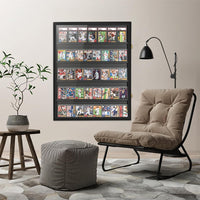 Wood-framed sports card display case mounted on wall