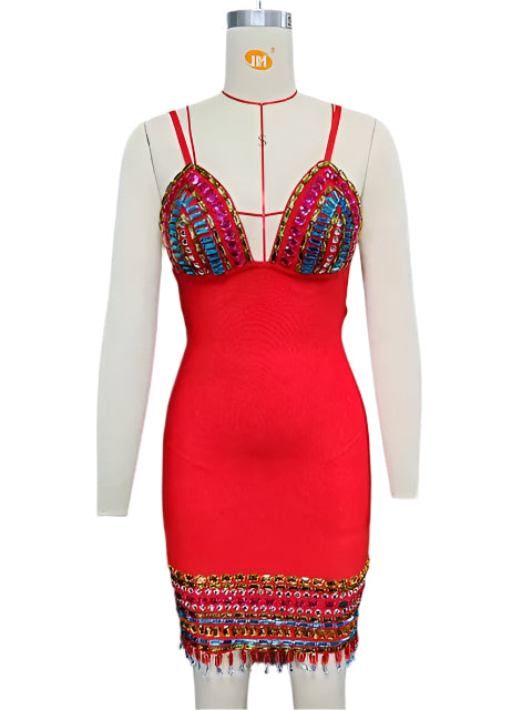 Woman wearing a black sleeveless bodycon dress with colorful crystal embellishments, deep V-neckline, and thin straps—styled for a nightclub or evening party.

