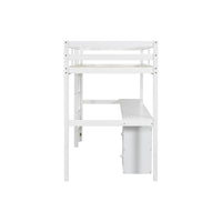 Full view of white twin loft bed with built-in desk and drawers underneath

